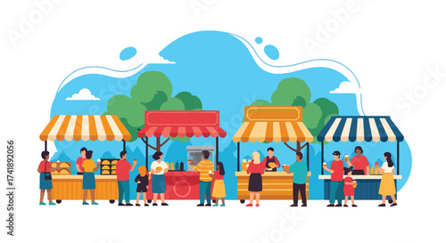 Adobe illustrator artwork vector illustration of a lively outdoor street food market scene, perfect for digital projects and print media.This SEO-friendly graphic captures the essence of urban culinar