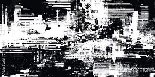 A black and white abstract digital artwork that depicts a scene of significant glitch and distortion effects, and disrupted by horizontal lines and digital noise.