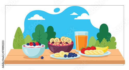 Adobe illustrator artwork vector illustration of a healthy and delicious breakfast spread, perfect for wellness, food blogs, and nutritional content. This SEO-friendly graphic highlights a balanced me