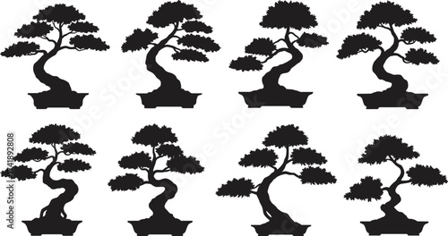 Collection of bonsai tree silhouettes, black potted miniature plant illustration, Japanese garden design, zen nature art, oriental decorative botanical symbol