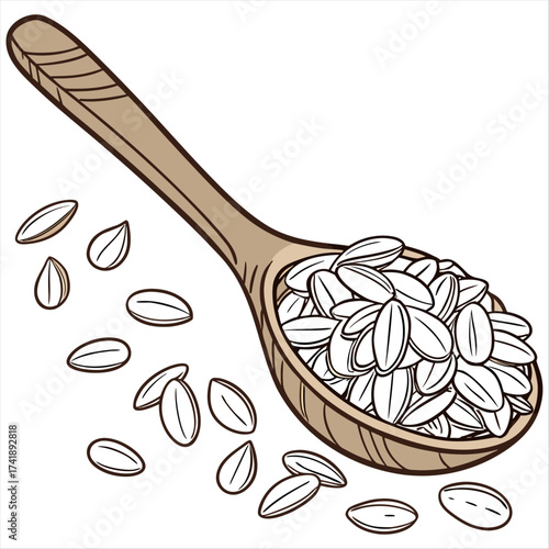 Close up of a wooden spoon filled with oats resting on a pile of oats on a white background