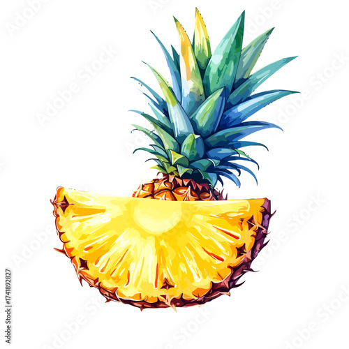 Watercolor illustration of a fresh pineapple fruit cut in half.