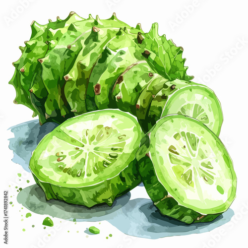 Freshly sliced kiwano fruit with green skin and white flesh.