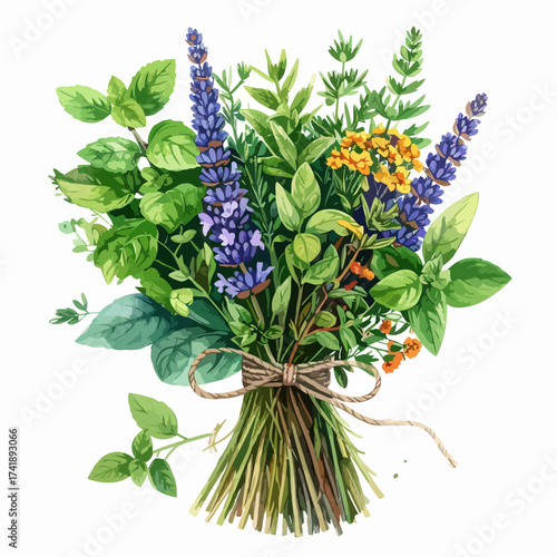 Beautiful bouquet of fresh herbs and flowers tied with twine.