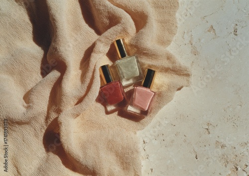 Winter Solstice Nail Polish Trio on Soft Neutral Fabric for Authentic Holiday Beauty Branding with Premium Modern Style for Gen Z Social Media Campaigns