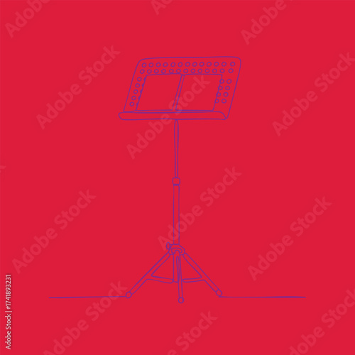 Music stand with adjustable height and perforated sheet holder on a vibrant red for performances or rehearsals