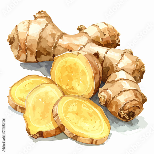 Watercolor illustration of fresh ginger root and cut slices.