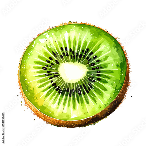 Freshly sliced kiwi fruit showcasing vibrant green flesh and black seeds.