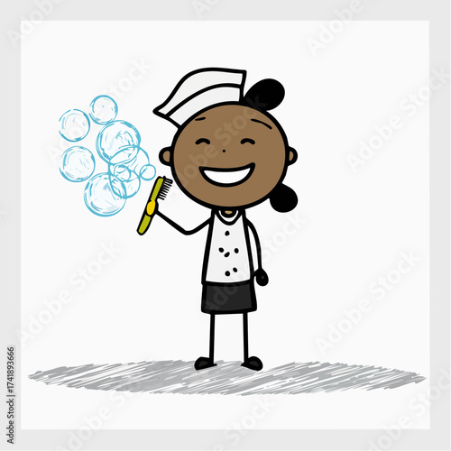 Cartoon illustration of a smiling young girl dressed as a chef blowing bubbles with a wand against a plain white background.