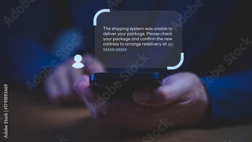 Phishing scam alert concept showing a fraudulent text message about a failed delivery on a smartphone screen, symbolizing online fraud, cybercrime, data theft, and awareness of digital security risks.