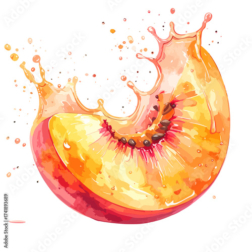 Watercolor painting of a juicy peach slice with splash and droplets.