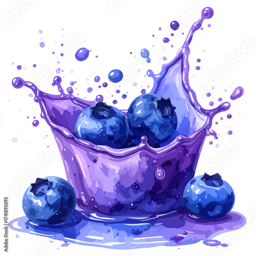 Watercolor Blueberries with Purple Splash, Fresh and Vibrant Fruit Illustration.