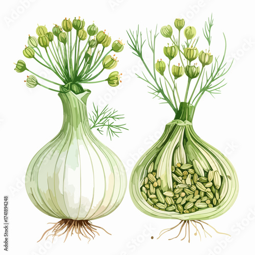 Botanical Illustration of Bulbous Plants with Seeds and Flowers.