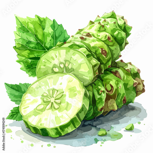 Freshly sliced wasabi root with vibrant green leaves, Japanese cuisine ingredient.