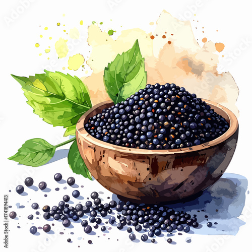 Black peppercorns in wooden bowl with green leaves, culinary spice.