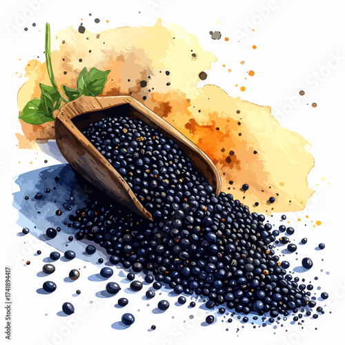 Wooden scoop filled with black lentils and scattered on a white surface.