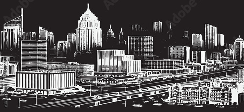 Monochromatic city skyline sketch featuring towering white skyscrapers with intricate details against a contrasting black backdrop, illustrating urban architecture and city life