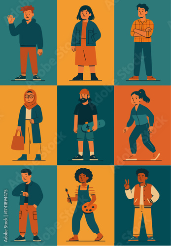 Fashion people icons modern wardrobe poses urban style grid