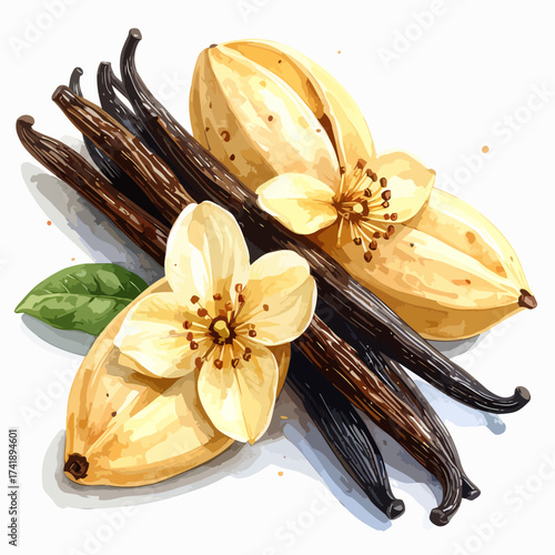 Botanical watercolor illustration of vanilla beans and flowers.