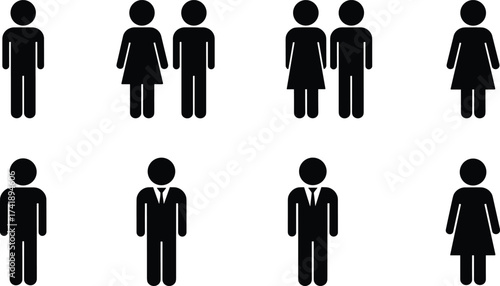 Silhouette people icons, male and female figures, business professional suit symbols, teamwork group illustration, gender representation, social diversity, corporate avatar, black pictogram set