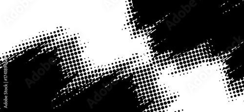 Monochrome abstract art shows a halftone textured design with dramatic black brushstrokes and dynamic gradient effects, creating a bold and impactful graphic element