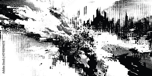 A black and white abstract digital artwork that depicts a scene of significant glitch and distortion effects, and disrupted by horizontal lines and digital noise.