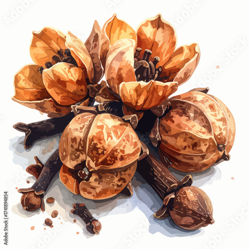 Watercolor Illustration of Clove Buds and Flowers.