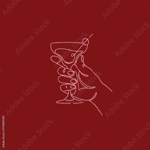 Elegant hand holding a cocktail glass with a straw and garnish, set against a deep red , emphasizing sophistication and celebration