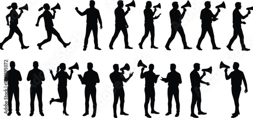 Silhouette people with megaphone, protest crowd communication, public speaking figures, activism demonstration icons, announcement shouting poses, rally awareness illustration, social movement graphic