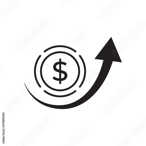 Rising arrow with dollar symbol icon illustrates growth, success, and financial progress. Perfect for investment, business, profit, revenue increase, and positive economic performance concepts.