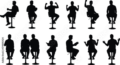 Silhouette people sitting on stool, various poses, body language gestures, casual sitting, reading, gesturing, expressive posture, black figure icons, isolated white background