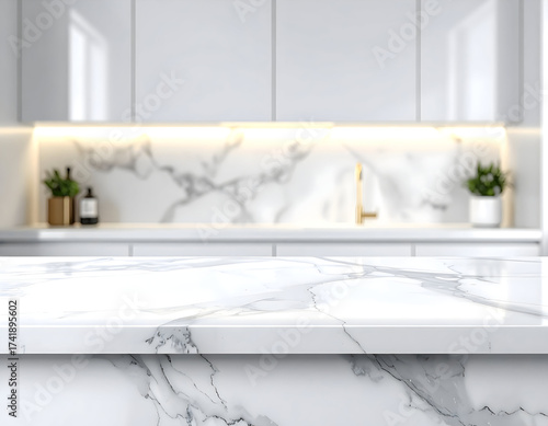 Empty elegant marble kitchen countertop with a blurred modern interior background, perfect for product display or contemporary design mockups