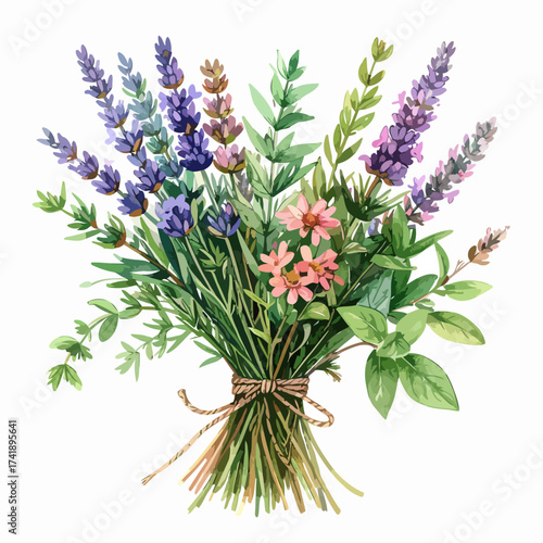 Beautiful watercolor bouquet of lavender and other flowers tied with twine.