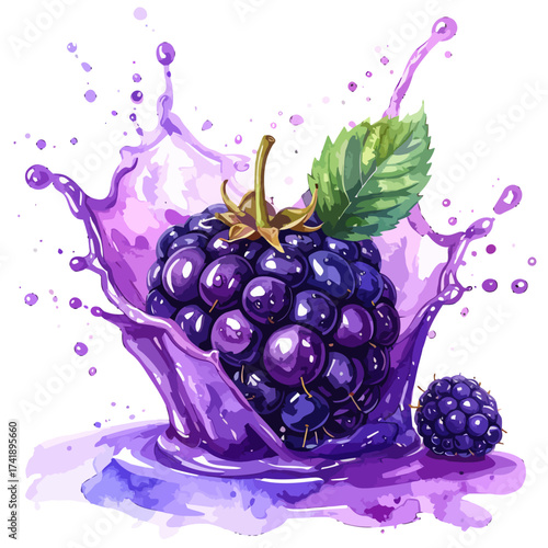 Fresh ripe blackberry with a green leaf in a dynamic purple juice splash.