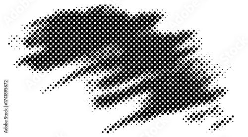 A black and white halftone pattern creates an abstract design with a gradient of dot density, forming an irregular shape with blurred edges against a clean white backdrop