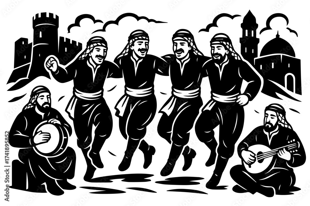 Village dance ensemble papercut celebration drums and chorus community