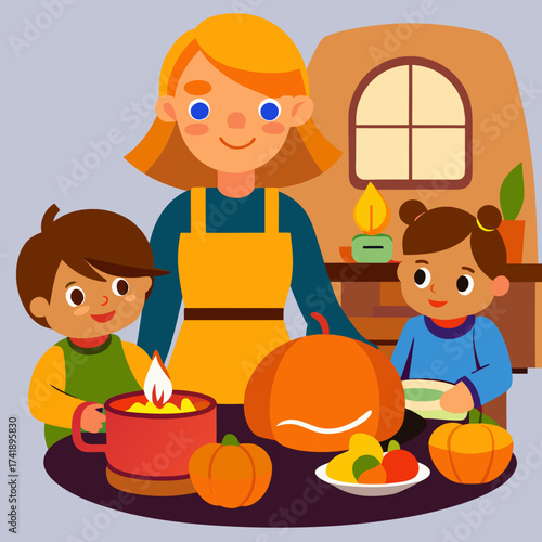 Mother and Children Preparing Pumpkin Soup Together