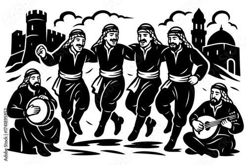 Village dance ensemble papercut celebration drums and chorus community