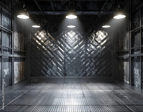 Industrial photography studio backdrop with metal walls and spotlight lighting, perfect for product showcases and moody portraits