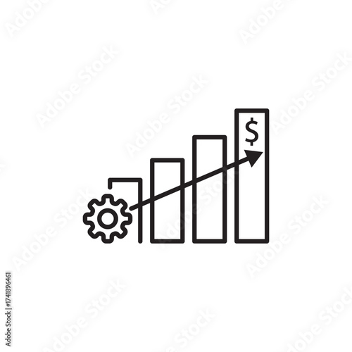 Bar chart with gear and dollar symbol shows business growth, efficiency, and financial success. Ideal for strategy, analytics, investment, and economic performance concepts in finance and commerce.