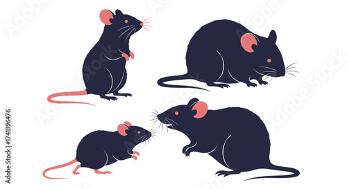 Illustration of four dark colored rodents with pink ears and tails.