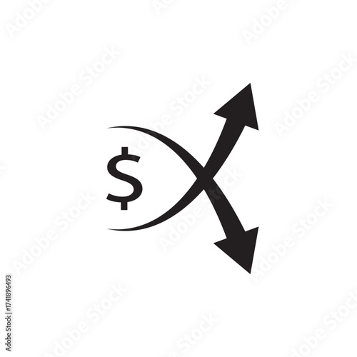 Symbol of financial direction and decision-making, this dollar with arrows icon represents choices, strategy, growth, and money flow in business, trade, investment, and economic planning concepts.