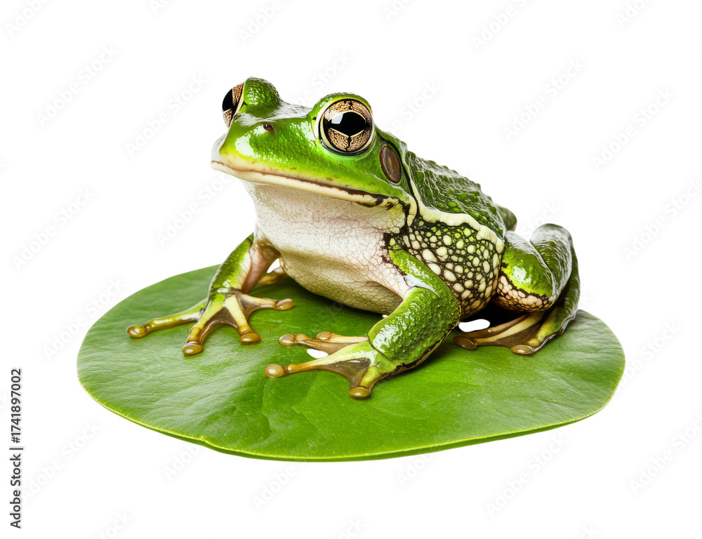 Fototapeta premium Green Frog Perched on Water Lily Leaf in Calm Natural Setting