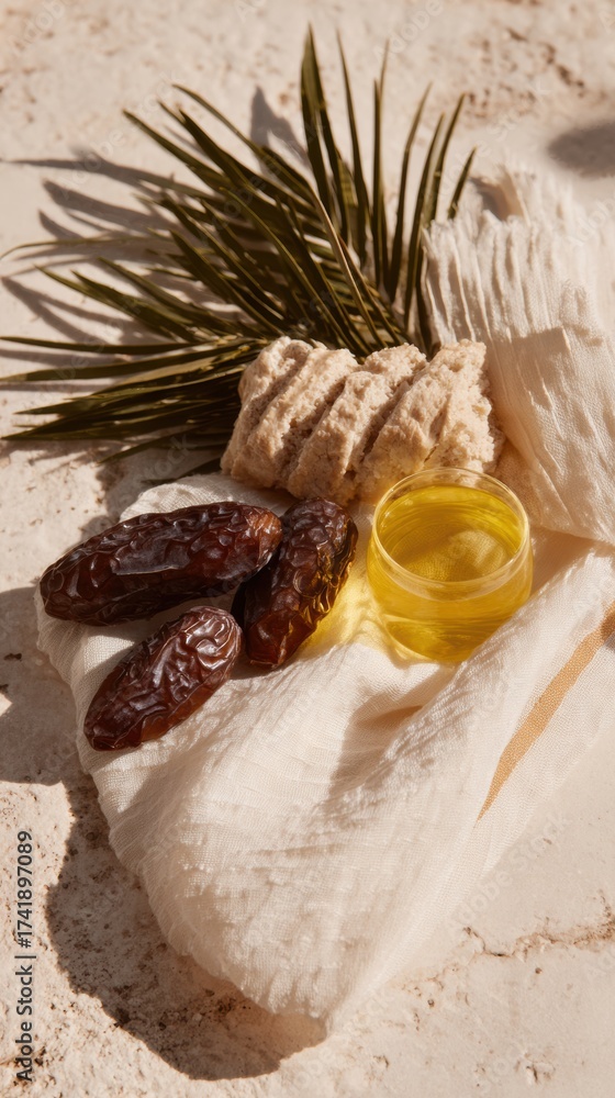 Fototapeta premium Premium Authentic Sukkot Jewish Festival Elements with Dates, Oil, and Palm Branch Spiritual Holiday Celebration for Family Lifestyle and Social Media Marketing
