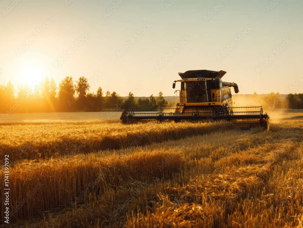 Obraz premium Professional Modern Farming Combine Harvester in Golden Field at Sunset Premium Agricultural Innovation for Rural Marketing and DeFi Insurance Campaigns