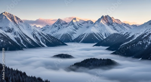 Wallpaper Mural Snowy Mountain Peaks Emerging From Foggy Valley at Sunrise with Pine Trees Torontodigital.ca