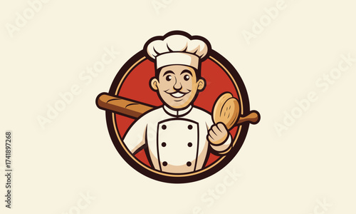 Happy Baker Chef Holding Bread Loaf Vector Mascot	