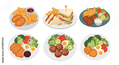 Pixel art collection of delicious lunch and dinner plates.