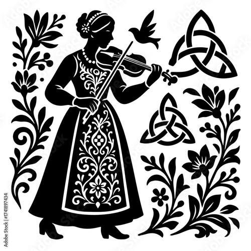 Woman violinist papercut triskel motif graceful folk music performance