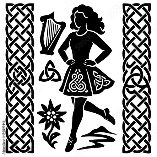 Celtic harp dancer papercut knotwork frame Irish heritage music and step